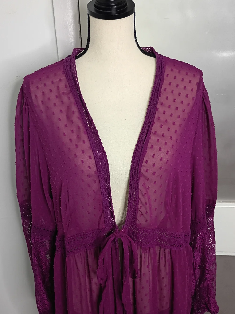 Torrid Sheer Plum Dotted Lace Sleeve Boho Maxi Duster with Tie Front, Size 2 - Picture 6 of 9